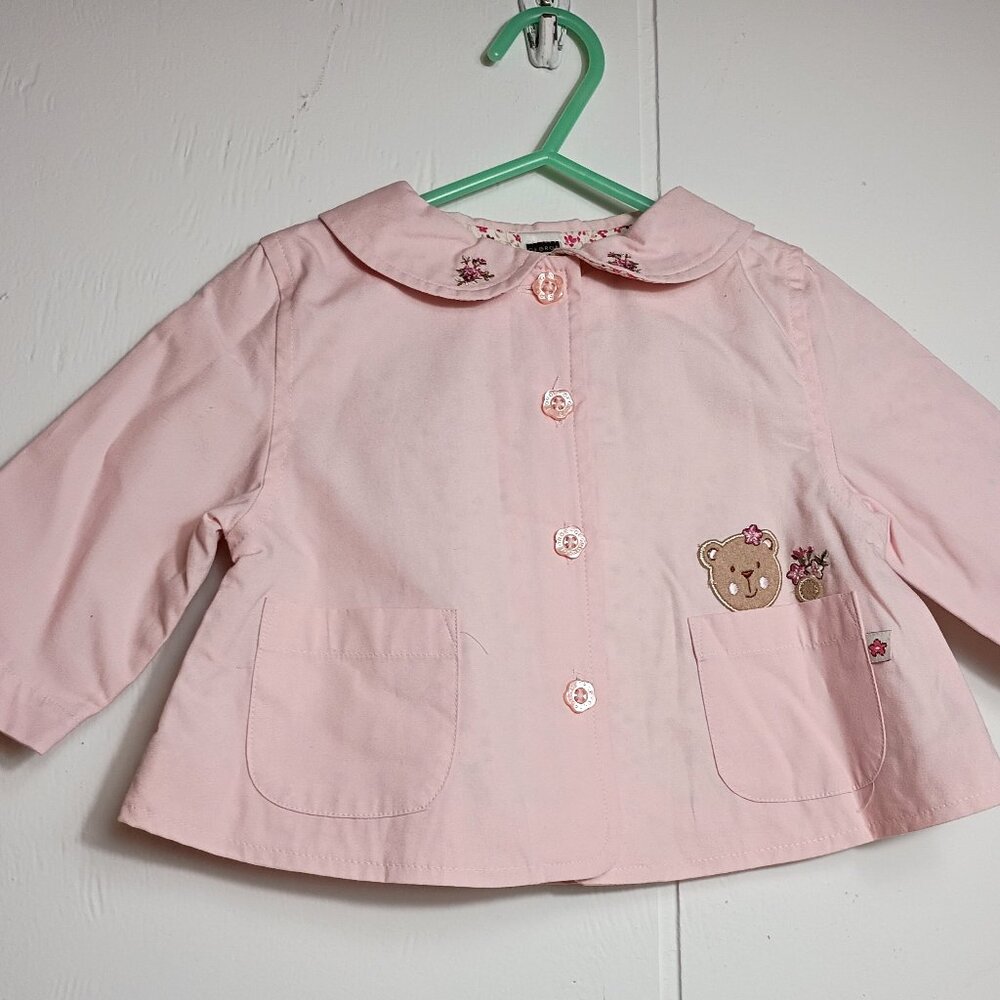 VTG Baby Girls Pink Pea Coat Embroidered Teddy Bear Flowers George 0-3M NEW